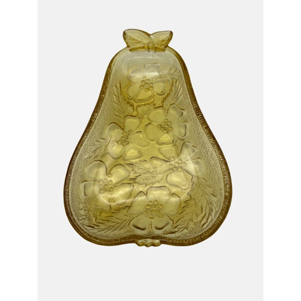Vintage Yellow Glass Pear-Shaped Dish With Floral Design 8"